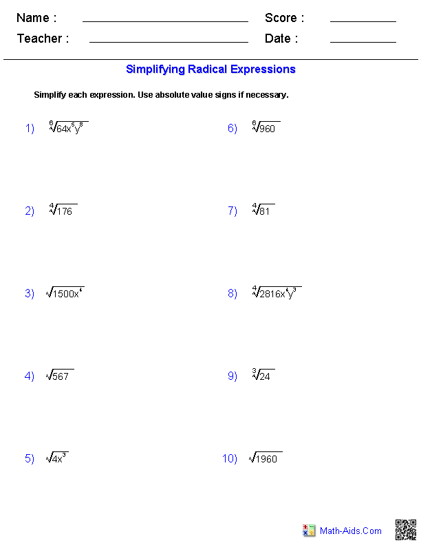 Algebra 2 Worksheets | Radical Functions Worksheets