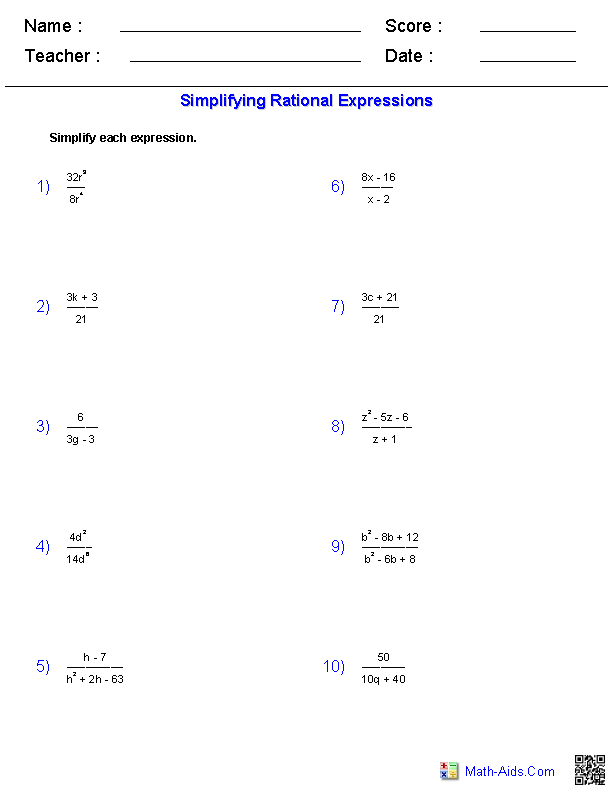 Simplifying Rationals Rationals Worksheets