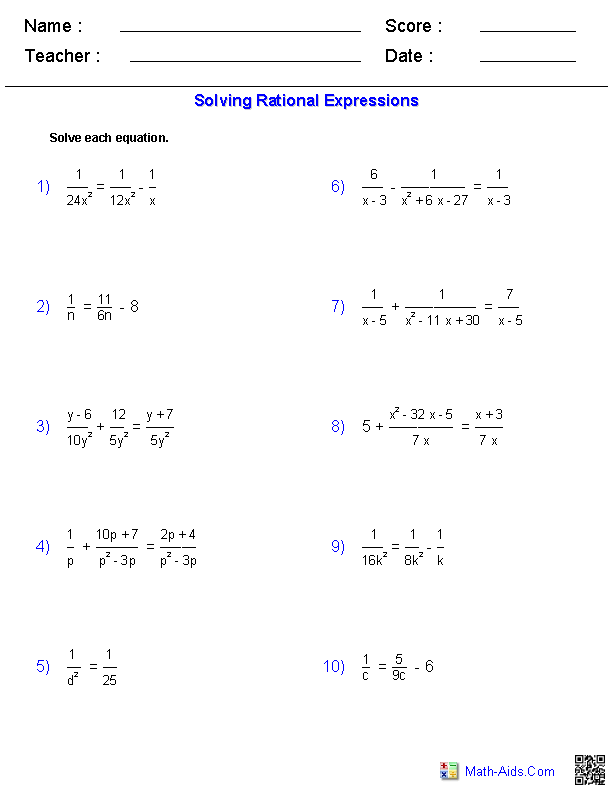 Solve Rational Equations Rationals Worksheets