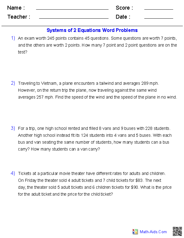 Systems Word Problems Systems of Equations Worksheets