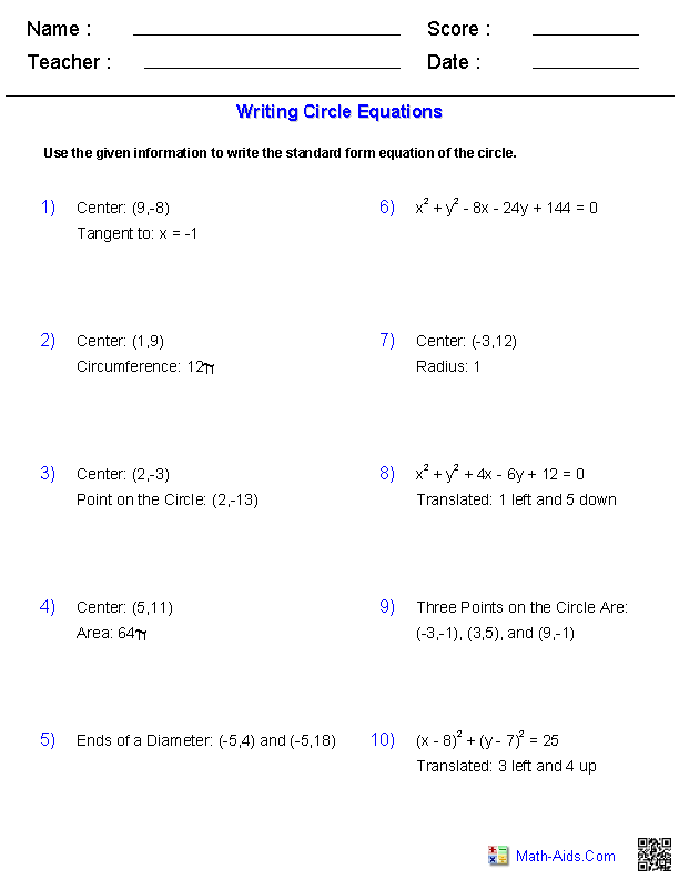 Writing equations of circles worksheet answers
