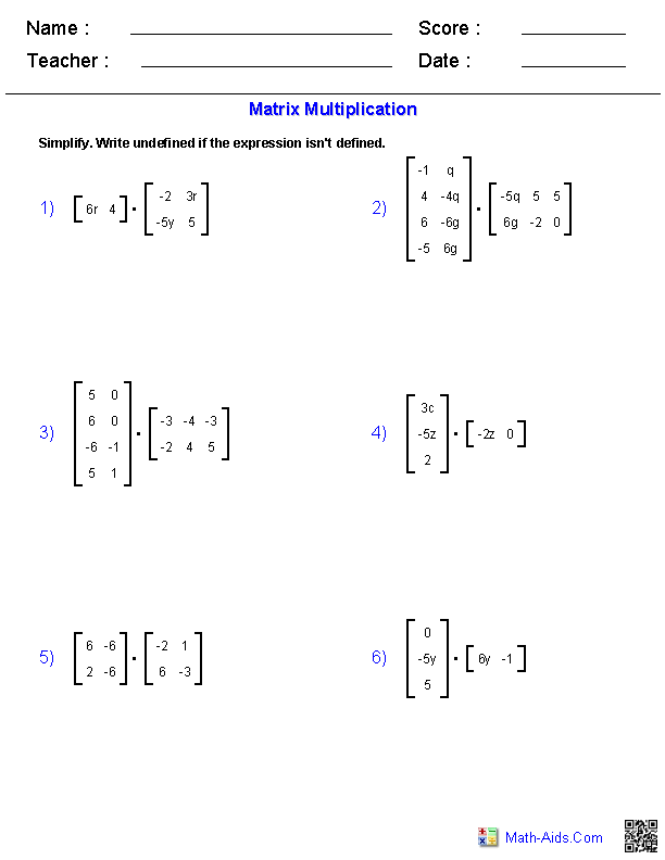 Matrix Multiplication Worksheet Algebra 2