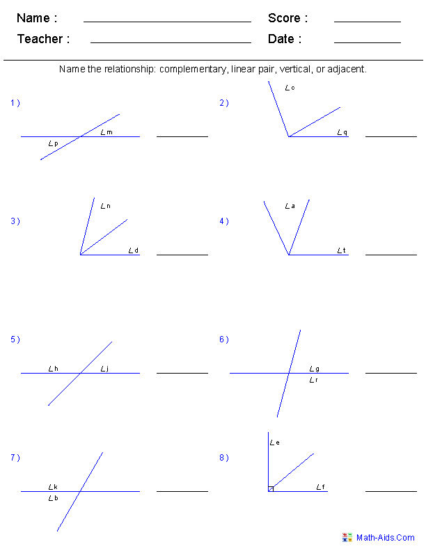 Angle Pairs Geometry Worksheets