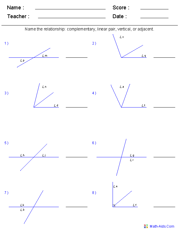Angle Pair Worksheets