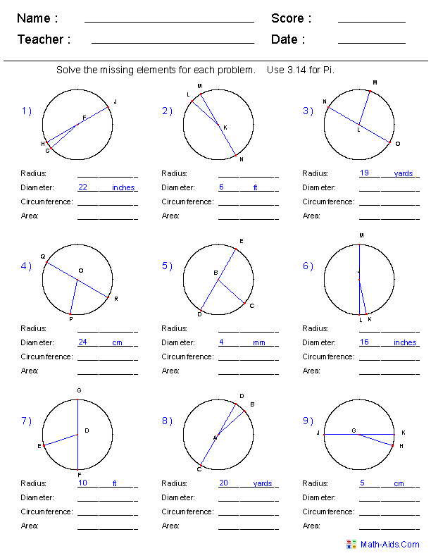 Circle Properties Geometry Worksheets