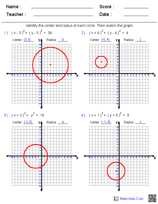 Graphing Equations of Circles Conic Sections Worksheets