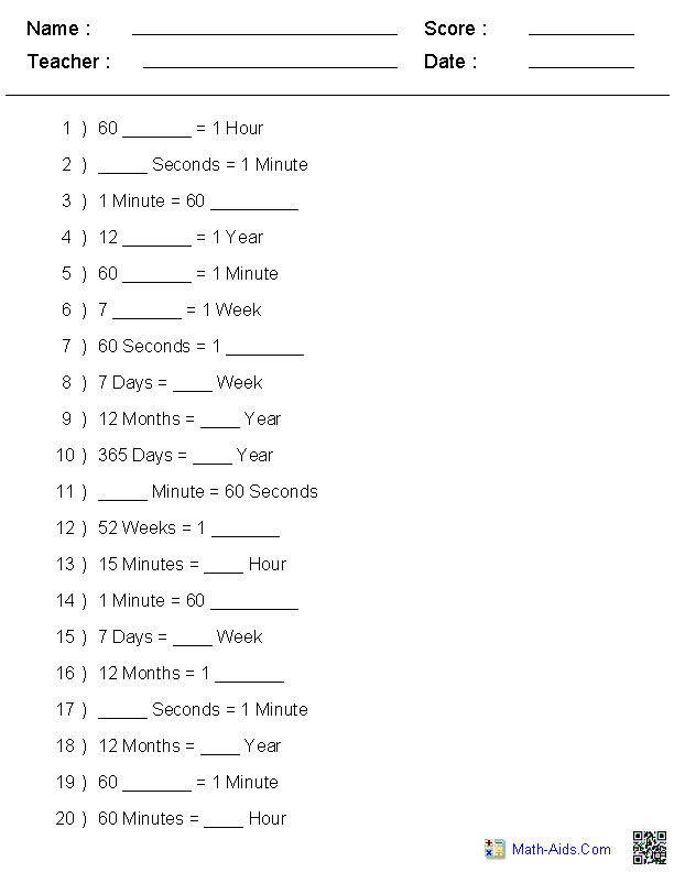 Conversion of Time Units Time Worksheets