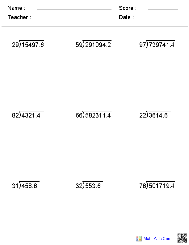 Decimal Long Division Worksheets