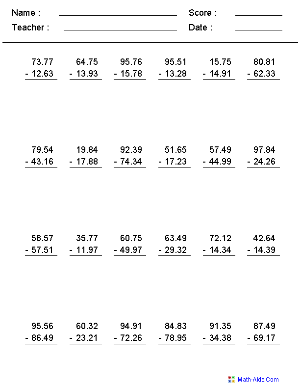 Decimal Numbers Subtraction Worksheets