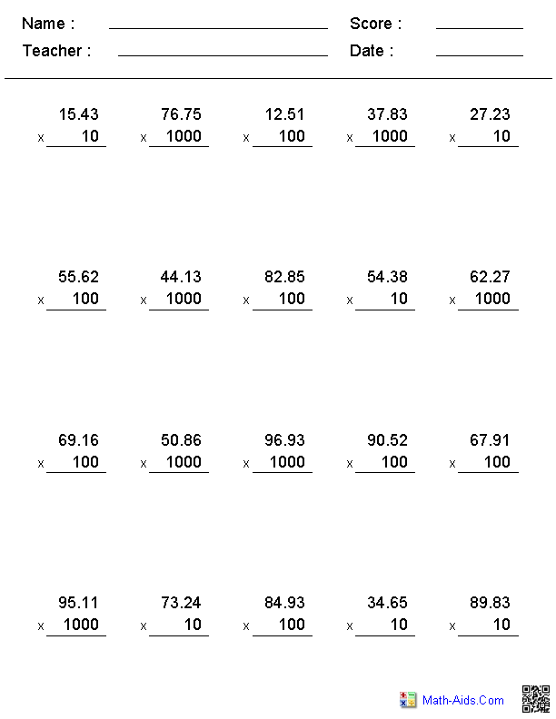 Multiplying Decimals Simple Worksheets