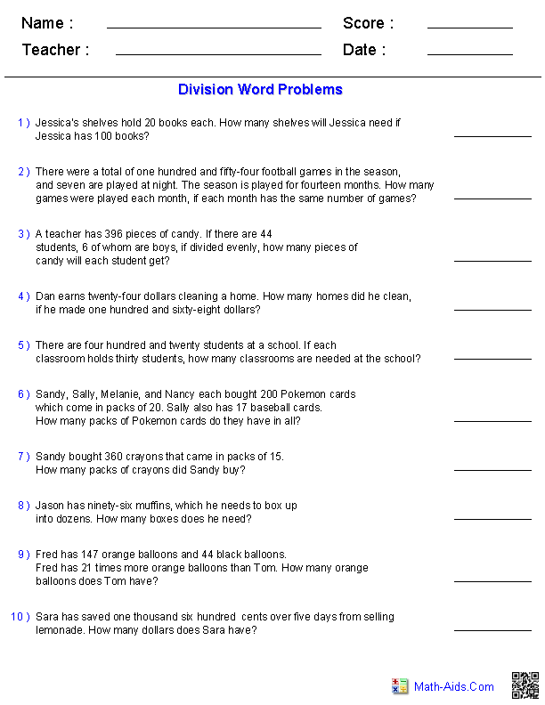 Division with Many Digit Divisors Word Problems Worksheets