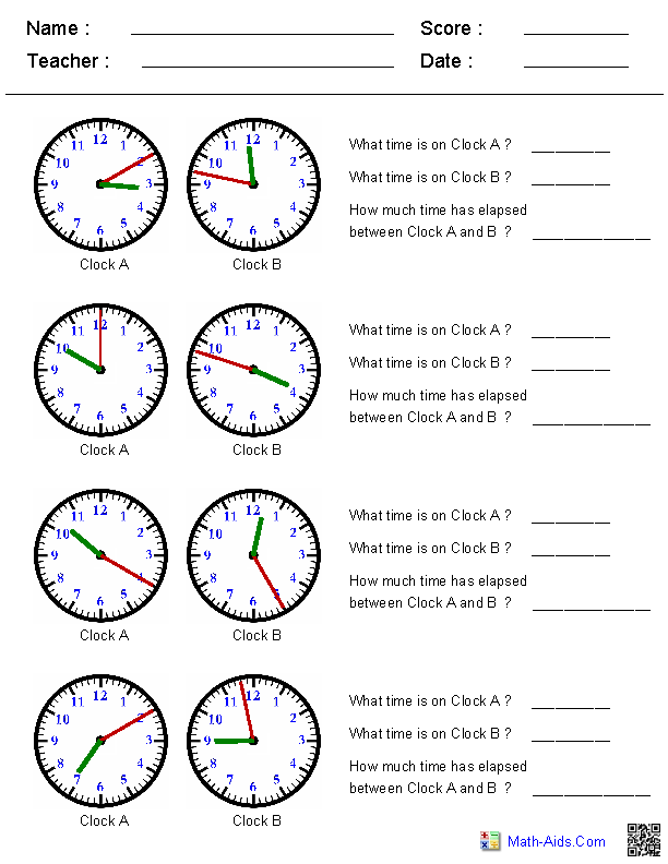 Elapsed Time Using Two Clocks Time Worksheets
