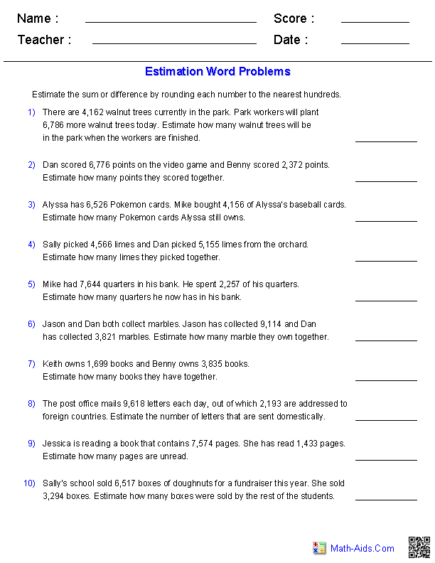 Sums and Differences 4 Digits Word Problems Worksheets