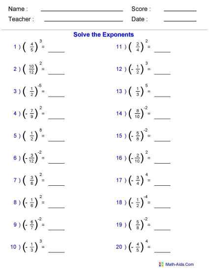 Fractions with Exponent Worksheets