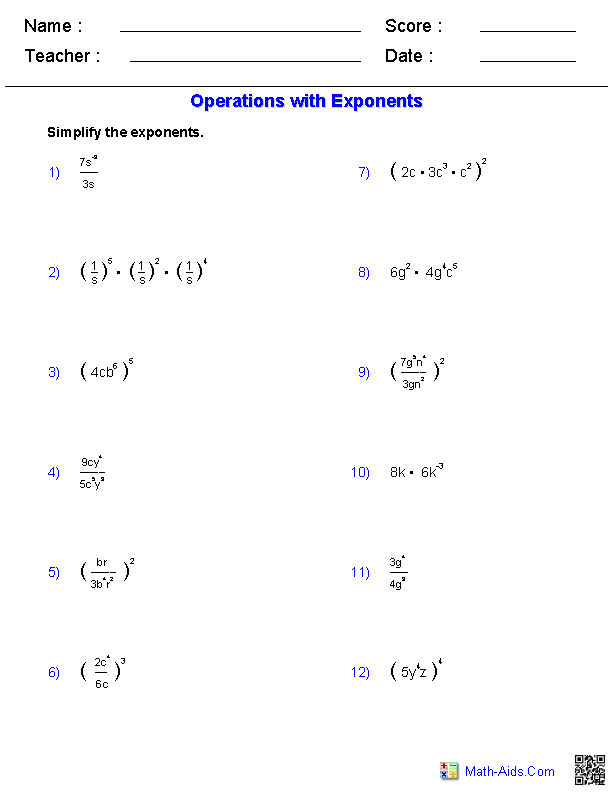 Algebra 1 Worksheets  Exponents Worksheets