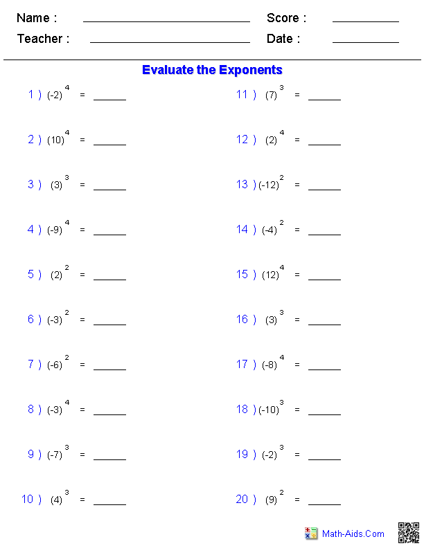 Simple Exponents Exponents & Radicals Worksheets