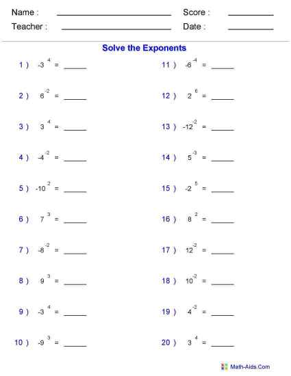 Integers with Exponent Worksheets
