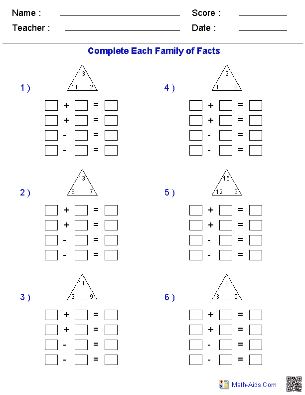 addition  Family missing number Practice  Family For Fact Worksheets Fact Worksheets year 6