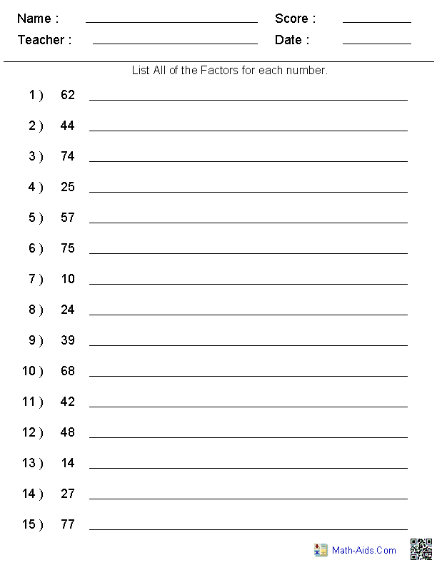 List All Factors Worksheets