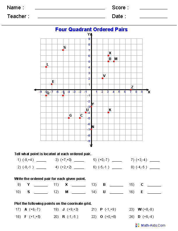 Four Quadrant Ordered Pair Worksheets