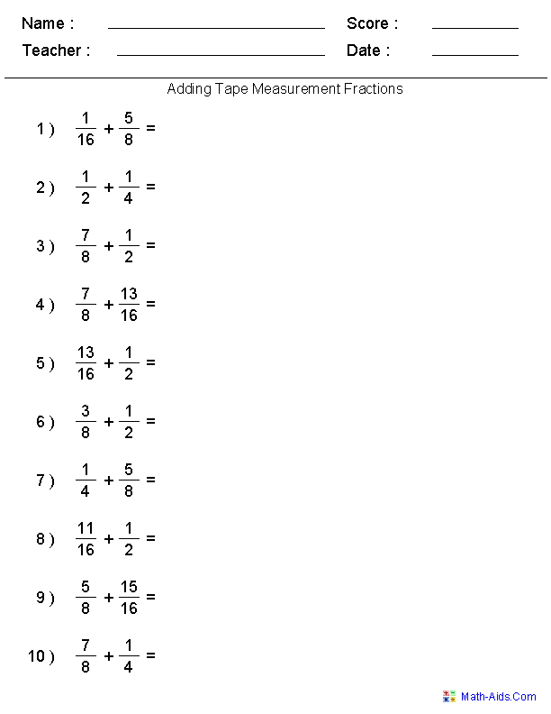 Adding Tape Measure Fractions Worksheets