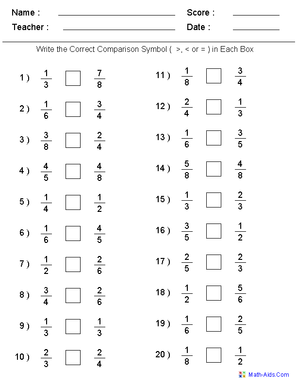 Comparing Fractions Worksheets