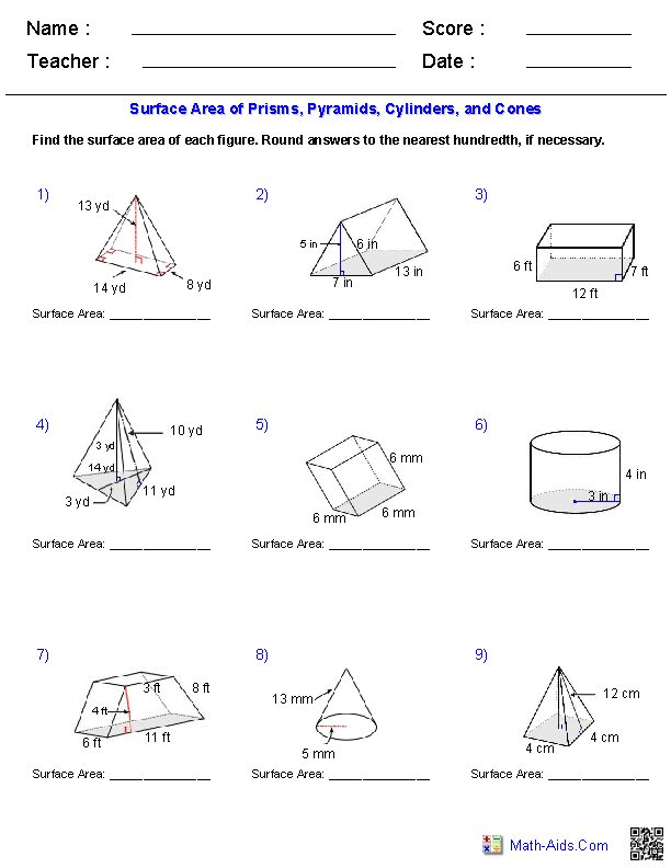 All Figures Surface Area Geometry Worksheets