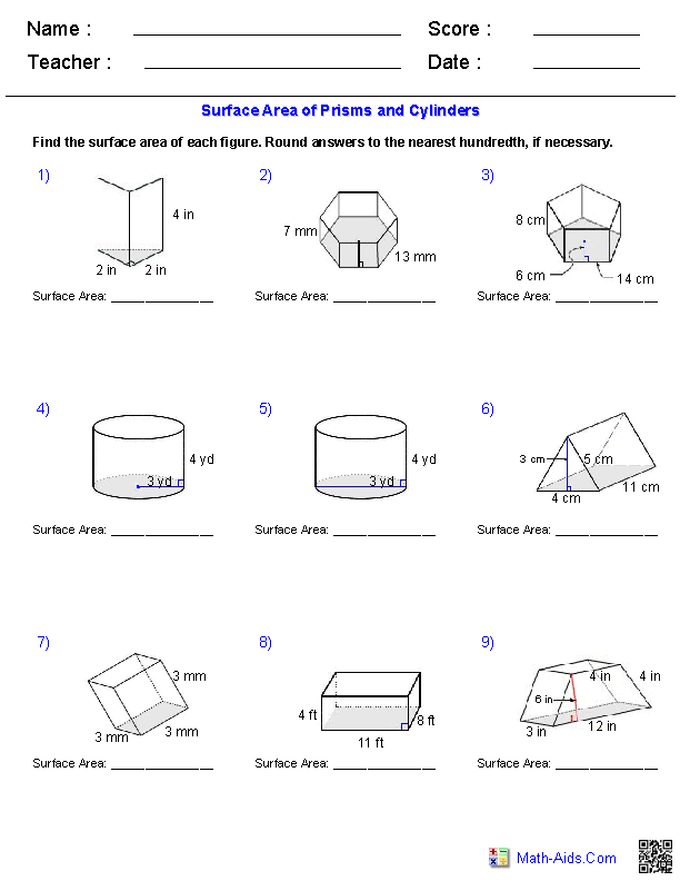 Surface Area of Prisms and Cylinders Geometry Worksheets