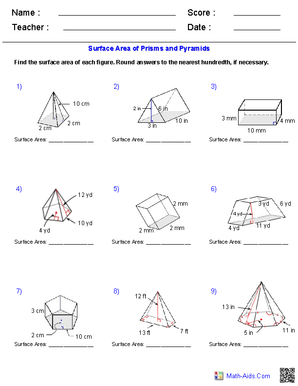 Surface Area of Prisms and Pyramids Geometry Workhsheets