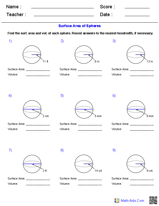 Spheres Volume Geometry Worksheets