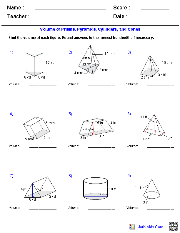 All Figures Volume Geometry Worksheets