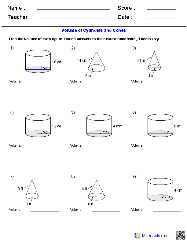 Cylinders and Cones Volume Geometry Worksheets