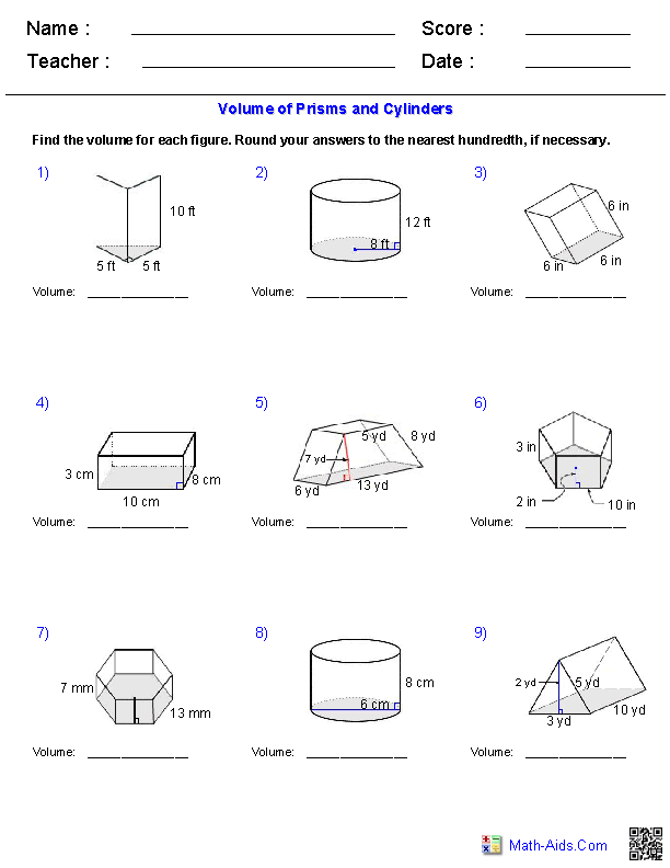 Volume of Prisms and Cylinders Geometry Geometry Worksheets