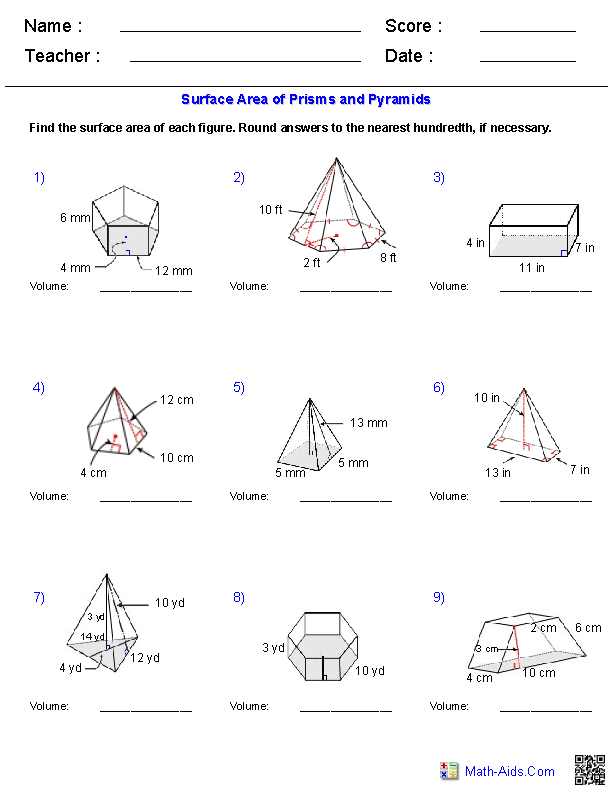 Geometry Worksheets | Surface Area & Volume Worksheets