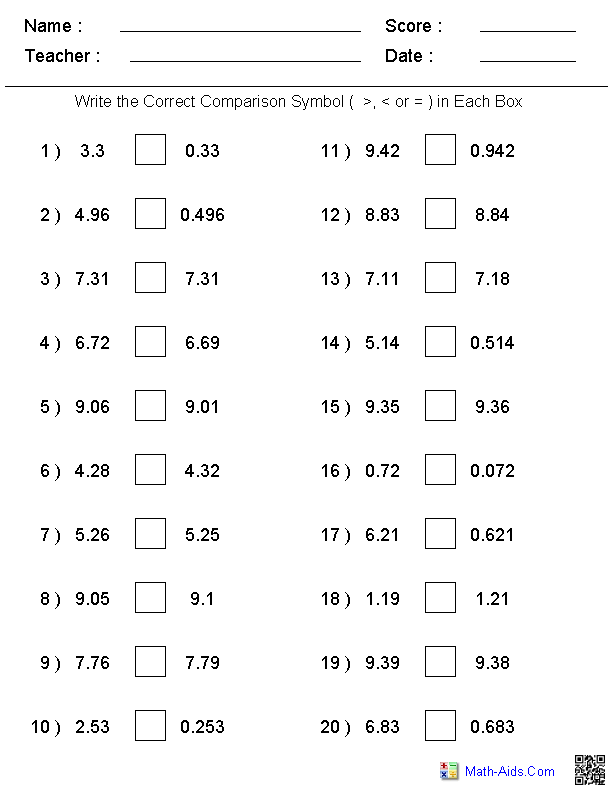 Comparing Worksheets with Decimals