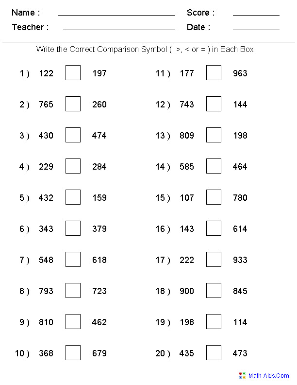 Comparing Integers Worksheets