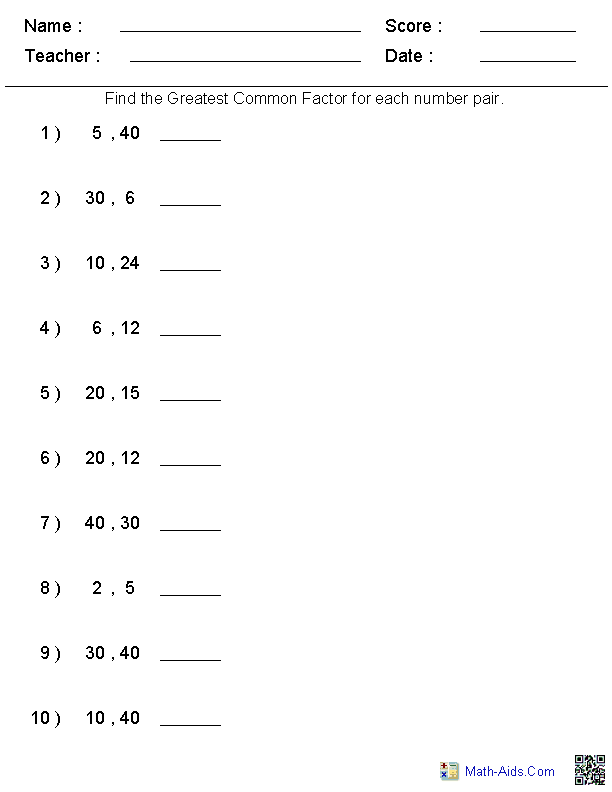 GCF Fractions Worksheets