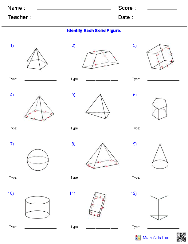 Identify Solids Geometry Worksheets