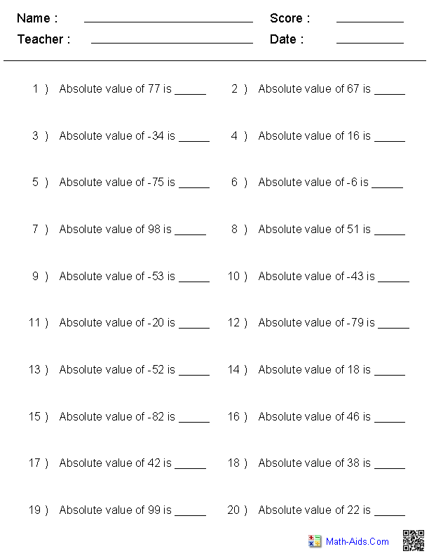 Absolute Value of Integers Worksheets