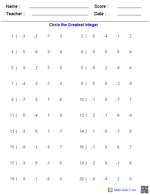 Integers Math Worksheets