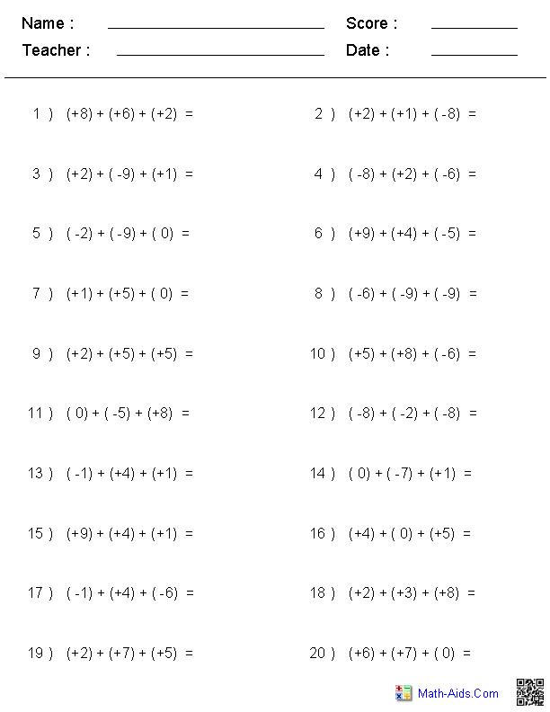 Adding Three Terms Integers Worksheets