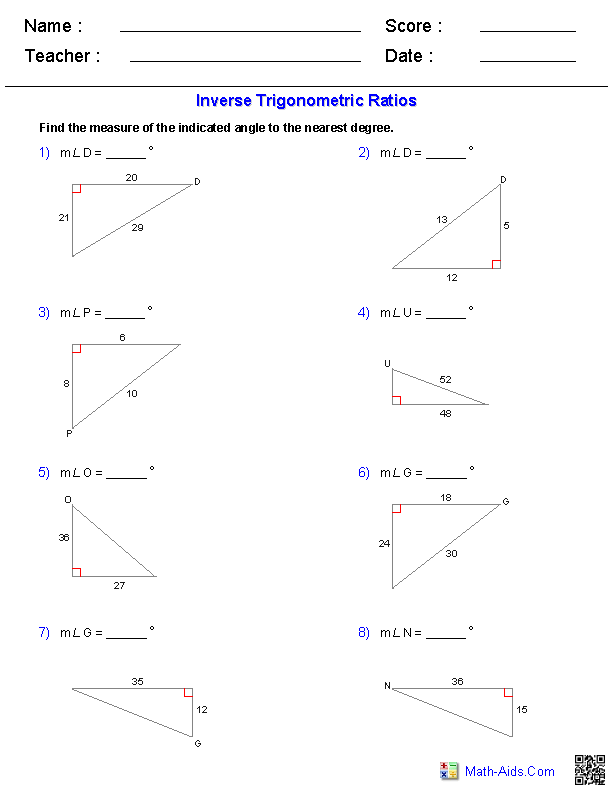 Inverse Trig Ratios Geometry Worksheets