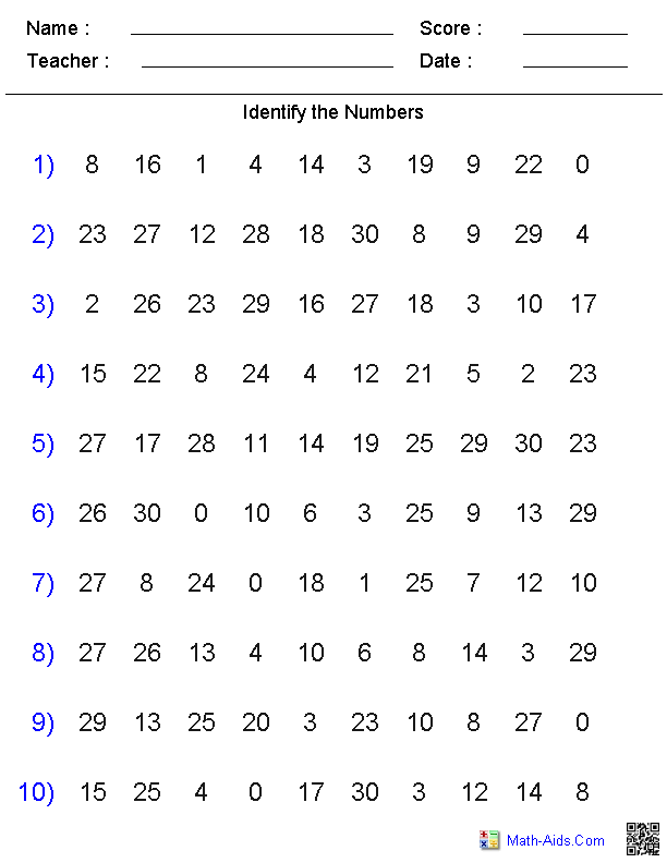 Identifying Numbers Kindergarten Worksheets