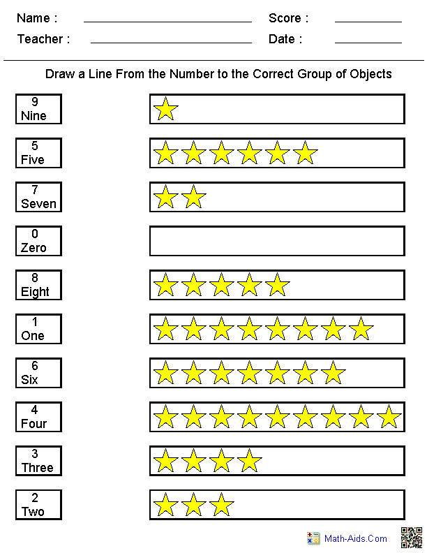 Match Numbers to Objects Kindergarten Worksheets