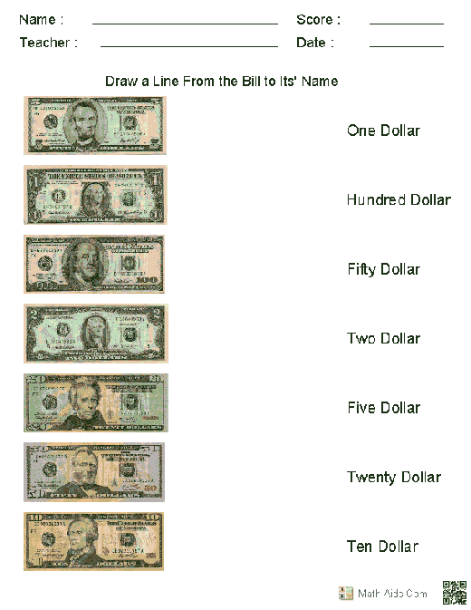 Matching US Currency to Their Names Worksheets