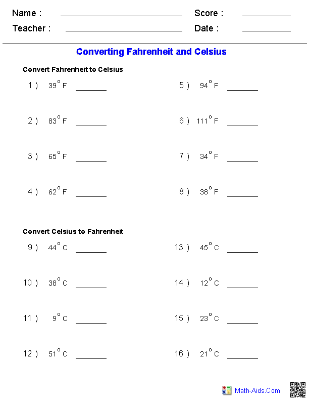 Fahrenheit & Celsius Measurement Worksheets