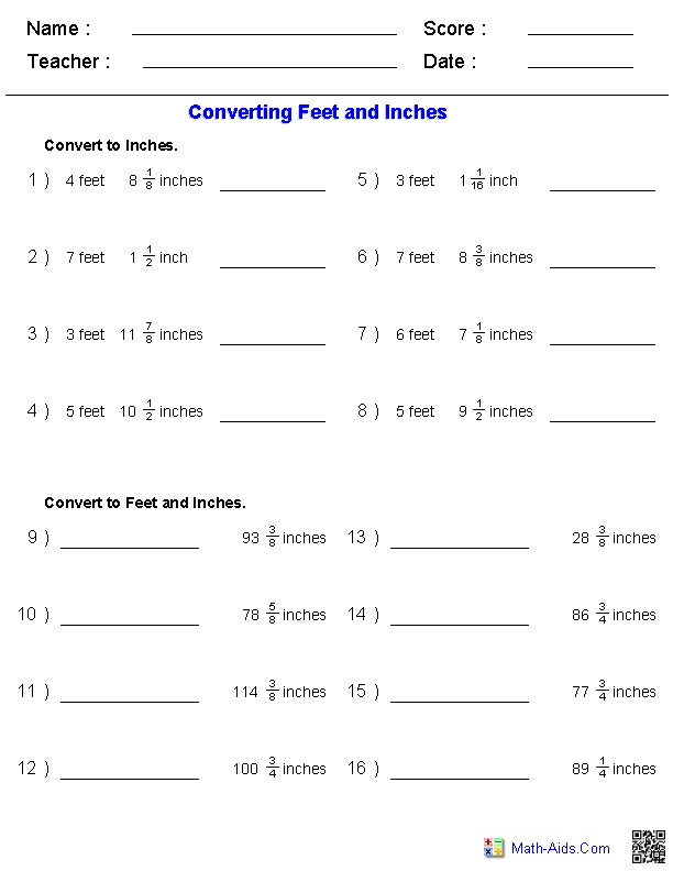 Converting Feet & Inches Measurement Worksheets