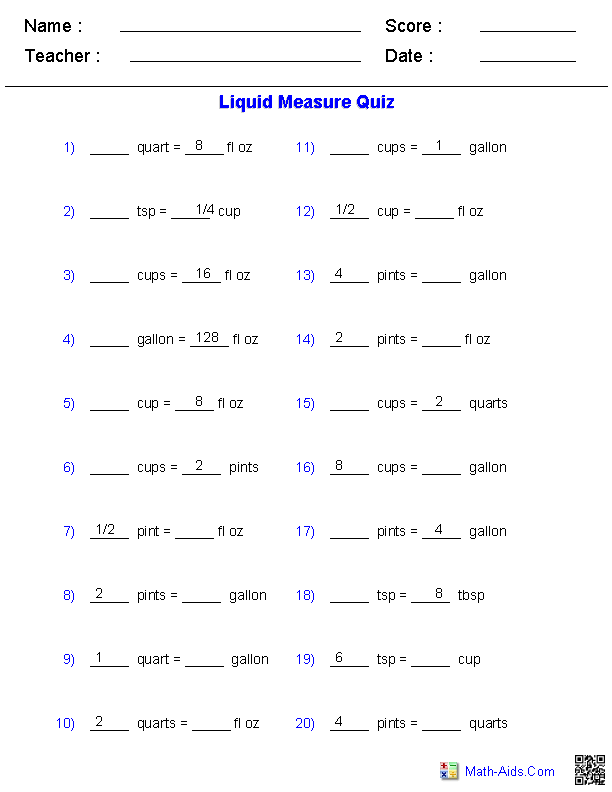 Liquid Measure Conversion Measurement Worksheets