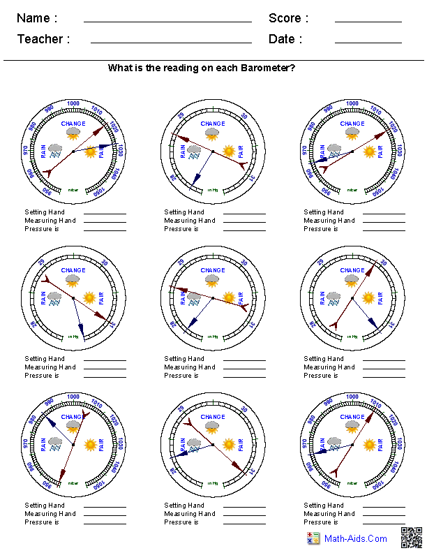 Reading a Barometer Measurement Worksheets