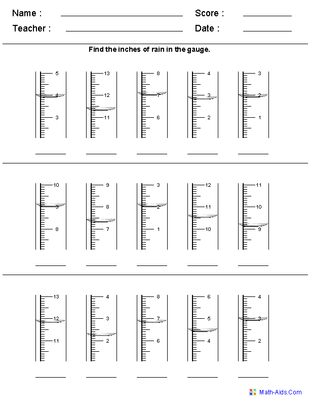 Reading a Rain Gauge Measurement Worksheets